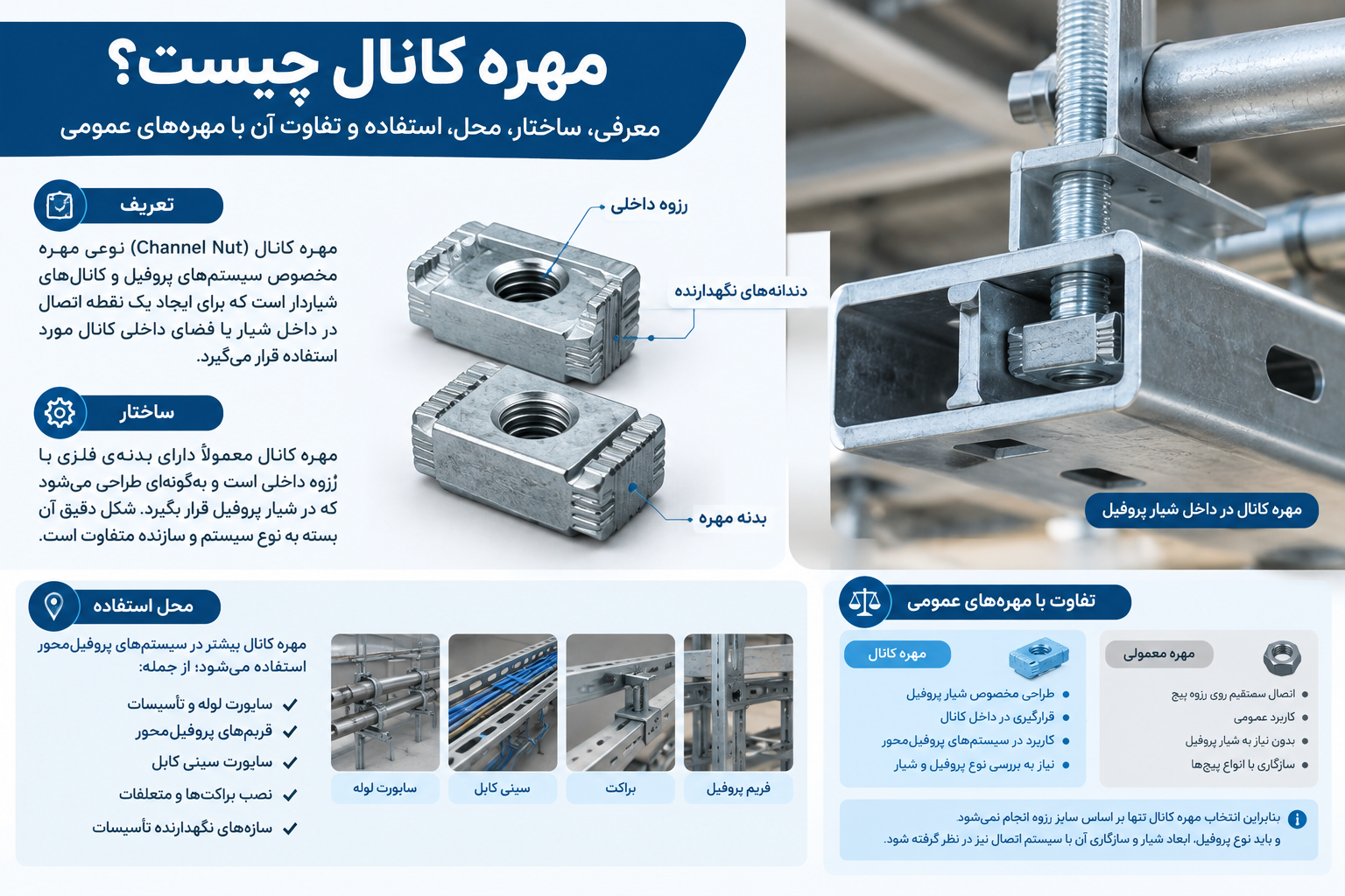 هم‌ترین تفاوت مهره کانال با مهره‌های معمولی در نحوه استفاده و شکل طراحی آن است.